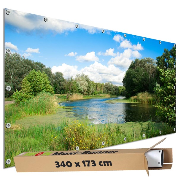 Sichtschutz Garten Zaun Banner Outdoor Deko Motiv Plane Flussufer Wiese 340x173 cm groß