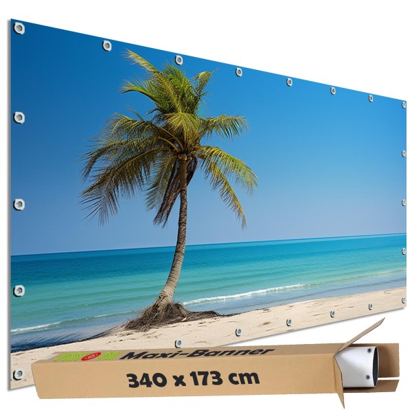 Motivbanner groß "Strand Karibikpalme am Meer" Zaunplane Gartenbanner Zaunsichtschutz, 340x173 cm