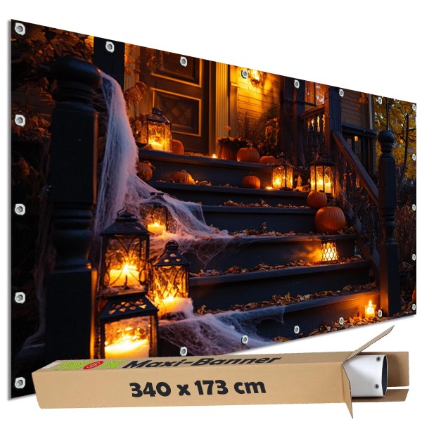 Sichtschutzbanner Halloween "Treppe Laternenlicht" - 340x173 cm