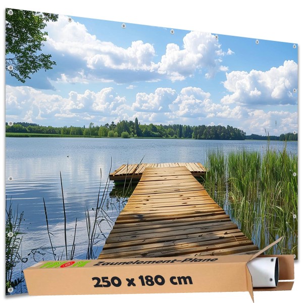 Große Motivplane "Holzweg Steg Schilfsee" Gartenposter Zaun Sichtschutz Zaunbanner, 250x180 cm