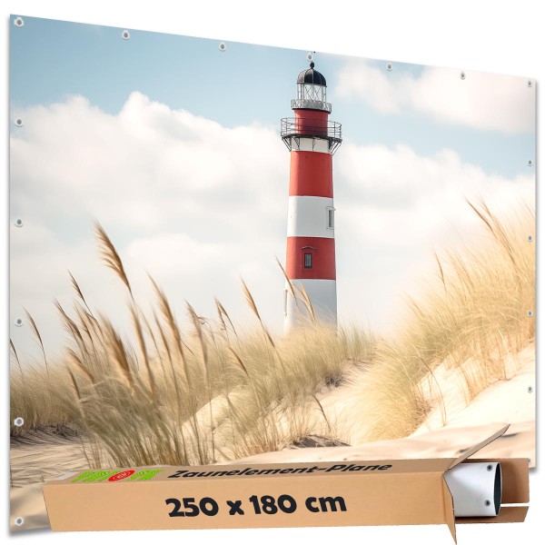 Sichtschutz Garten Zaun Zaunblende Zaunelement Deko Plane Leuchtturm Strand Düne 250x180 cm