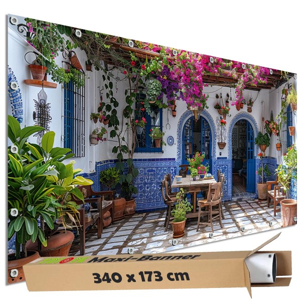 Sichtschutzbanner "Terrasse Mediterran" Outdoor Garten Zaun Deko Motiv Plane, 340x173 cm groß