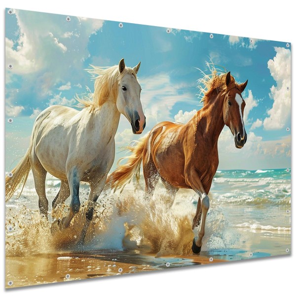 Sichtschutzplane "Pferde am Strand" Zaunplane Garten Zaun Deko Zaunelement, 250x180 cm groß