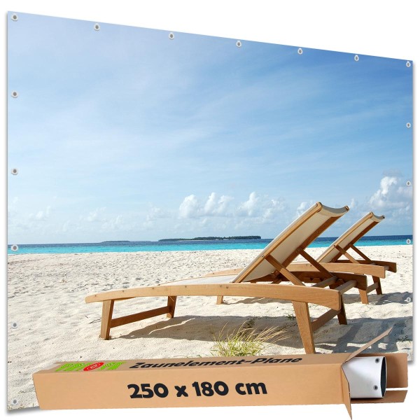 Große Motivplane "Strand Liegestühle Meer" Gartenposter Zaun Sichtschutz Zaunbanner, 250x180 cm