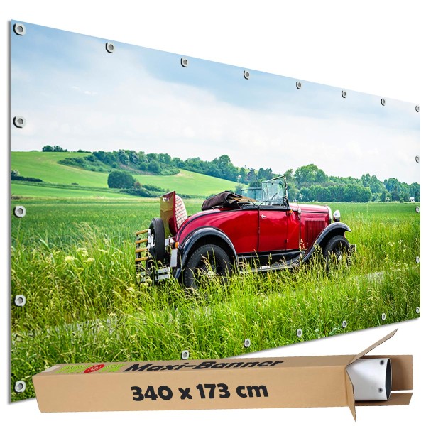 Motivbanner groß "Landschaft Oldtimer Tour" Zaunplane Gartenbanner Zaunsichtschutz, 340x173 cm