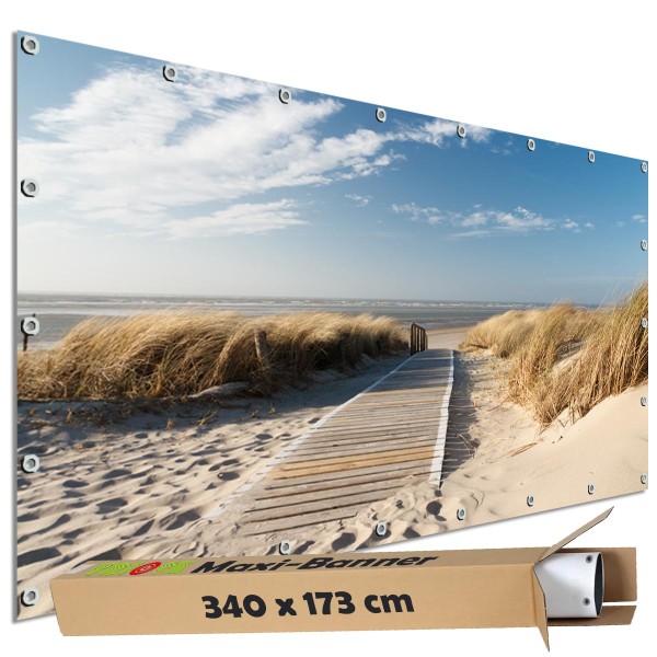 Sichtschutz Garten Zaun Banner Outdoor Deko Motiv Plane Holzweg Dünen Langeoog Nordsee 340x173 cm gr