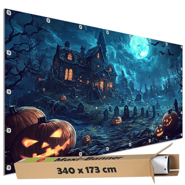 Sichtschutzbanner Halloween "Friedhof Geisterhaus" - 340x173 cm