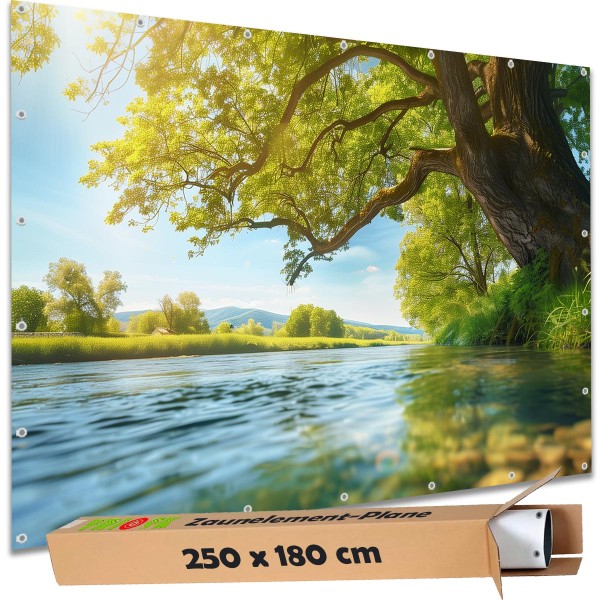 Große Motivplane "Uferbaum am Fluss" Gartenposter Zaun Sichtschutz Zaunbanner, 250x180 cm