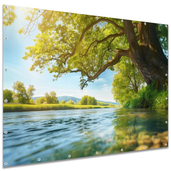 Große Motivplane "Uferbaum am Fluss" Gartenposter Zaun Sichtschutz Zaunbanner, 250x180 cm