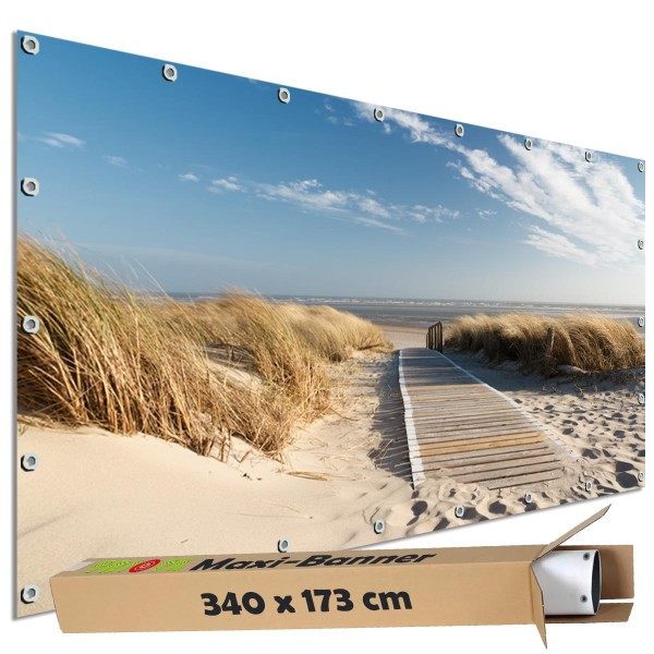 Motivbanner groß "Dünenweg Langeoog Strand" Zaunplane Gartenbanner Zaunsichtschutz, 340x173 cm