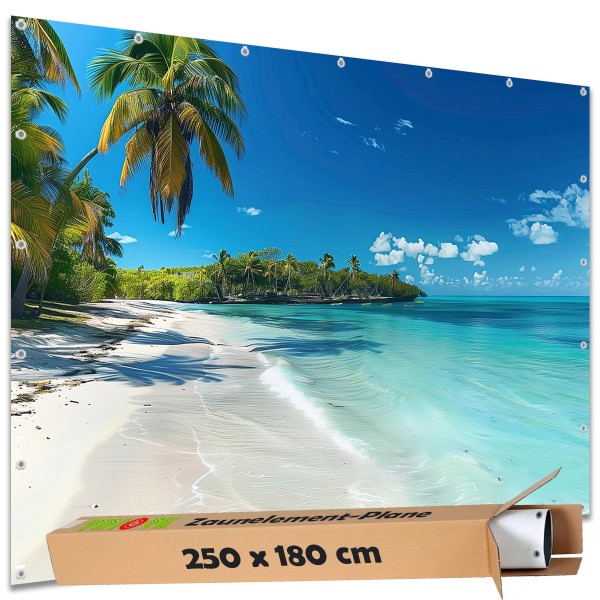 Große Motivplane "Südseestrand Palmen" Gartenposter Zaun Sichtschutz Zaunbanner, 250x180 cm