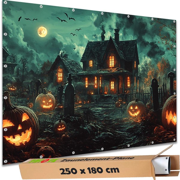 Sichtschutzbanner Halloween "Haus Geisterfarm Vollmond" - 250x180 cm