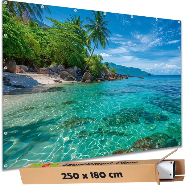 Große Motivplane "Malediven Rocky Beach Lagoon" Gartenposter Zaun Sichtschutz Zaunbanner, 250x180 cm