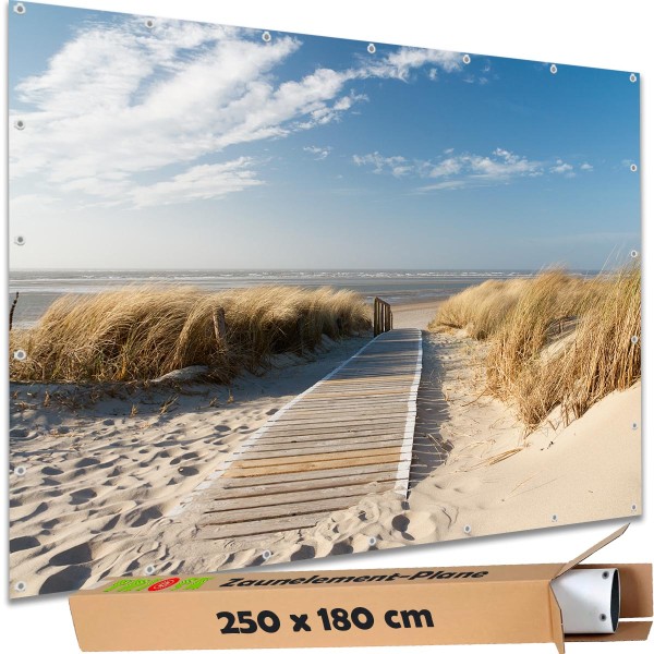 Sichtschutz Garten Zaun Zaunblende Zaunelement Deko Plane Holzweg Dünen Langeoog Nordsee 250x180 cm