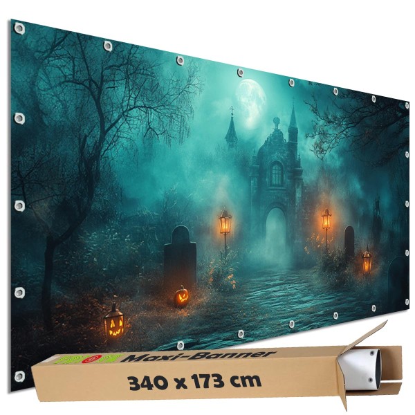 Sichtschutzbanner Halloween "Friedhof Geistertor" - 340x173 cm