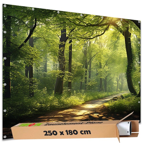 Große Motivplane "Waldpfad Sonnenweg" Gartenposter Zaun Sichtschutz Zaunbanner, 250x180 cm