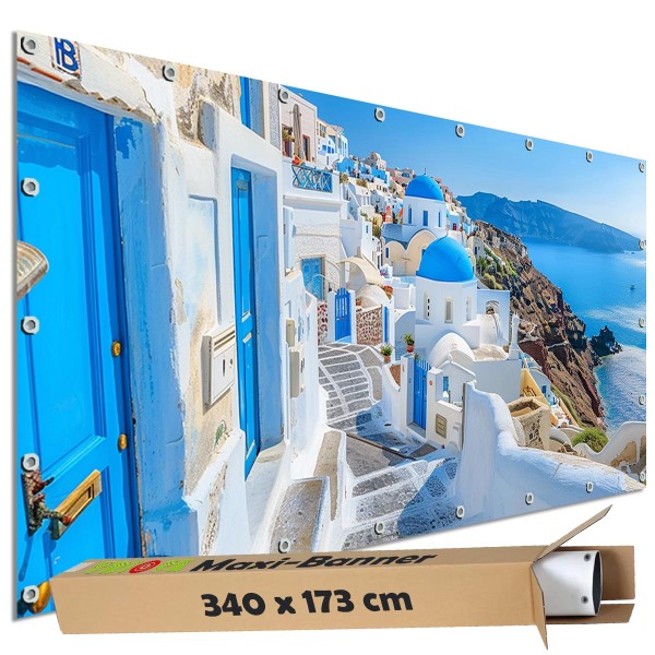 Sichtschutz Garten Zaun Banner Outdoor Deko Motiv Plane Santorin Küstengasse 340x173 cm groß