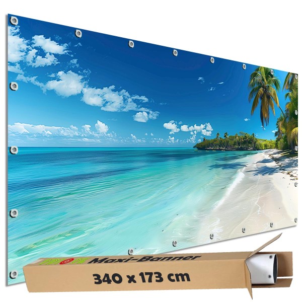 Sichtschutz Garten Zaun Banner Outdoor Deko Motiv Plane Strand Südsee Paradies 340x173 cm groß