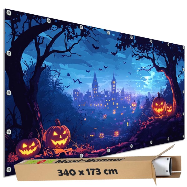 Sichtschutzbanner Halloween "Haus Kürbisstadt Aussicht" - 340x173 cm