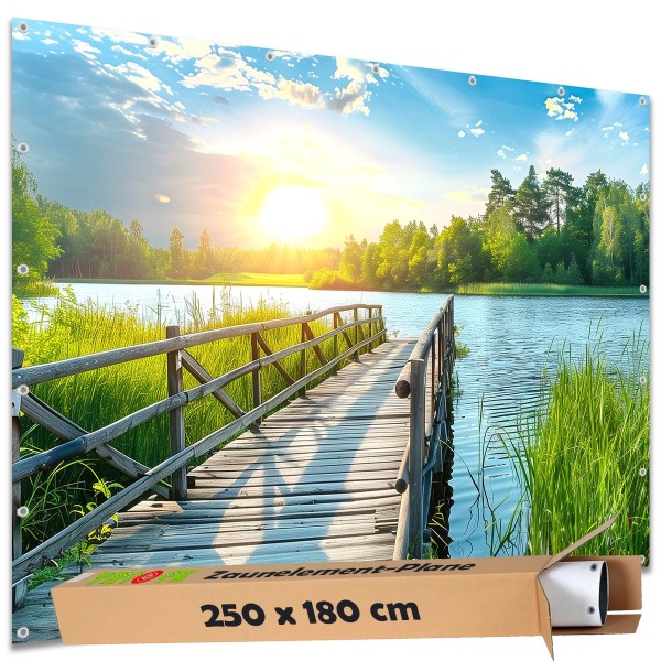 Große Motivplane "Brückenweg Steg Schilfsee" Gartenposter Zaun Sichtschutz Zaunbanner, 250x180 cm