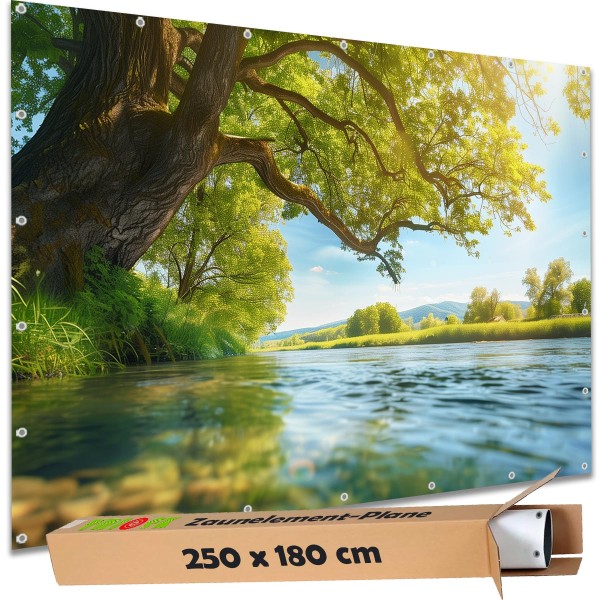 Sichtschutz Garten Zaun Zaunblende Zaunelement Deko Plane Sonnenbaum am Flussufer 250x180 cm