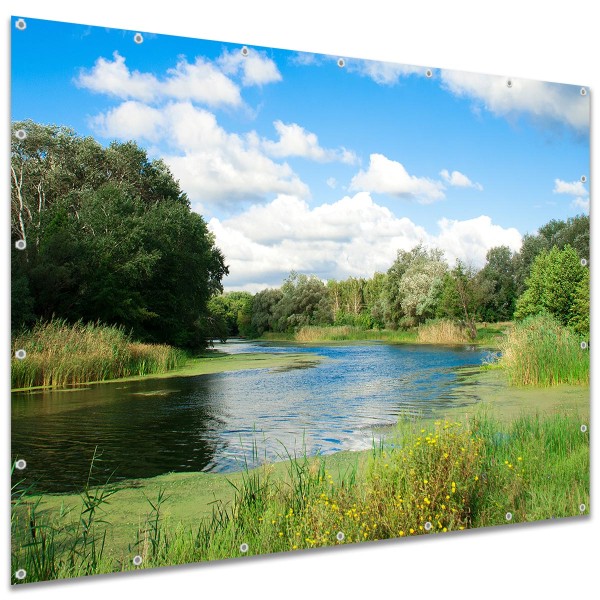 Große Motivplane "Flusslauf Uferwiese" Gartenposter Zaun Sichtschutz Zaunbanner, 250x180 cm
