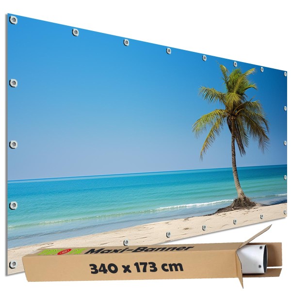 Sichtschutzbanner "Strand Palme Karibik" Outdoor Garten Zaun Deko Motiv Plane, 340x173 cm groß
