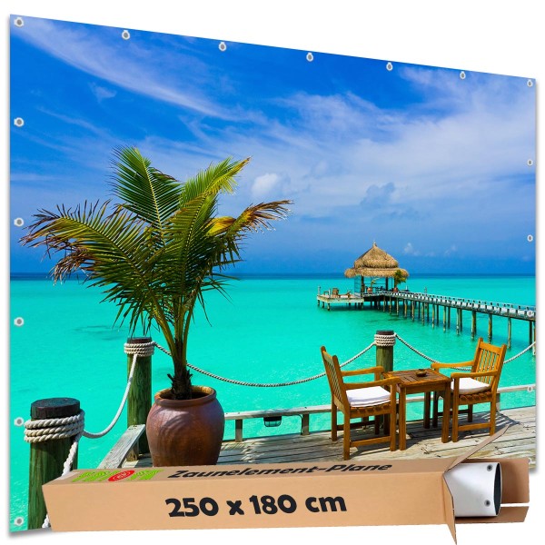 Große Motivplane "Karibik Beach-Bar Meerblick" Gartenposter Zaun Sichtschutz Zaunbanner, 250x180 cm