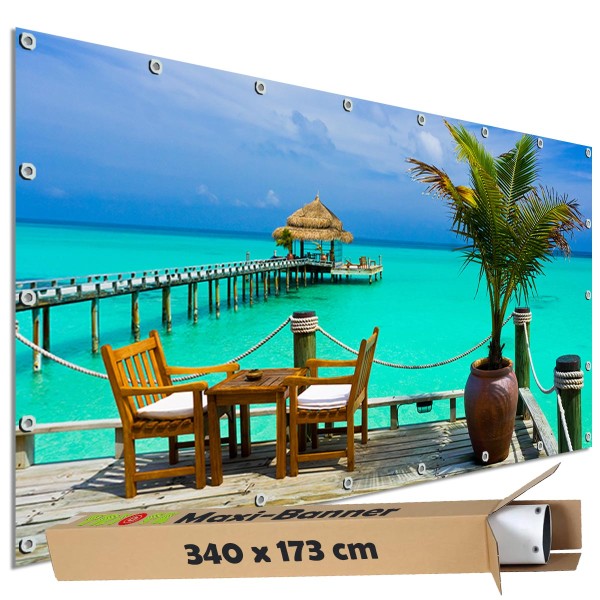 Sichtschutzbanner "Karibik Strand Bar" Outdoor Garten Zaun Deko Motiv Plane, 340x173 cm groß