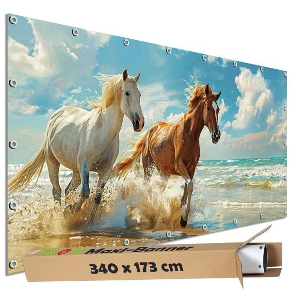 Sichtschutzbanner "Pferde am Strand" Outdoor Garten Zaun Deko Motiv Plane, 340x173 cm groß