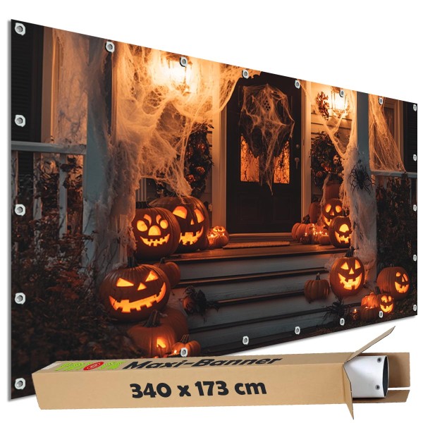 Sichtschutzbanner Halloween "Treppe Gespensterkürbis" - 340x173 cm