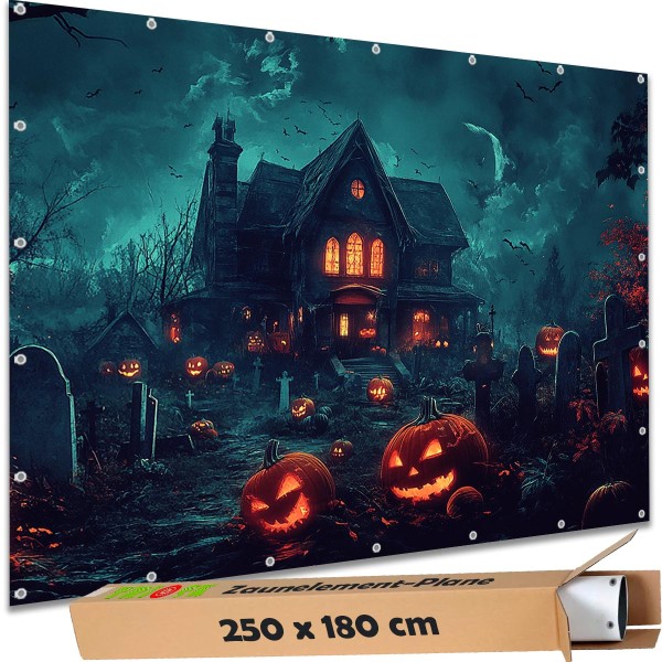 Sichtschutzbanner Halloween "Haus Geistervilla Dämon" - 250x180 cm