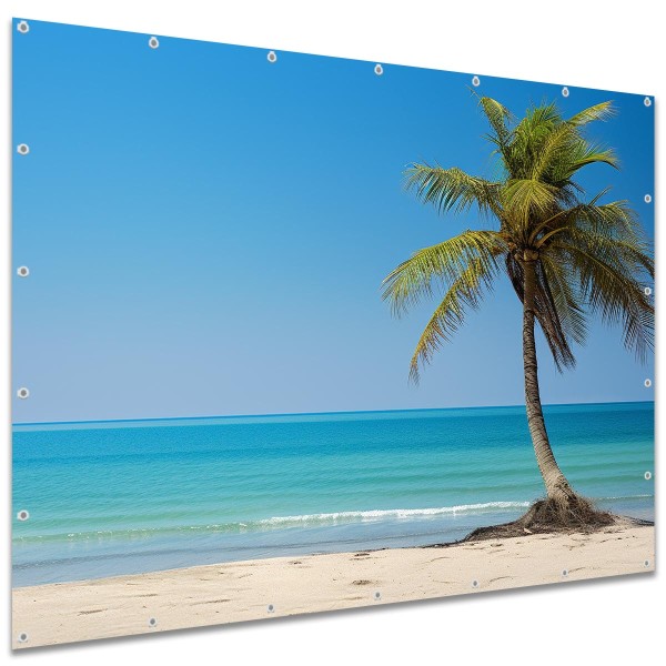 Sichtschutzplane "Strand Palme Karibik" Zaunplane Garten Zaun Deko Zaunelement, 250x180 cm groß