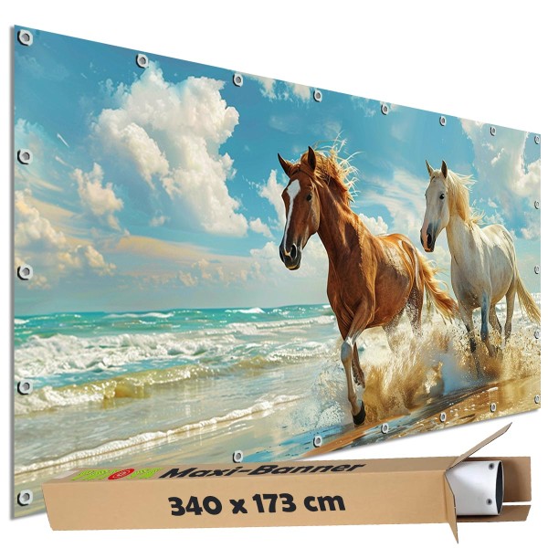 Motivbanner groß "Sandstrand Pferde" Zaunplane Gartenbanner Zaunsichtschutz, 340x173 cm