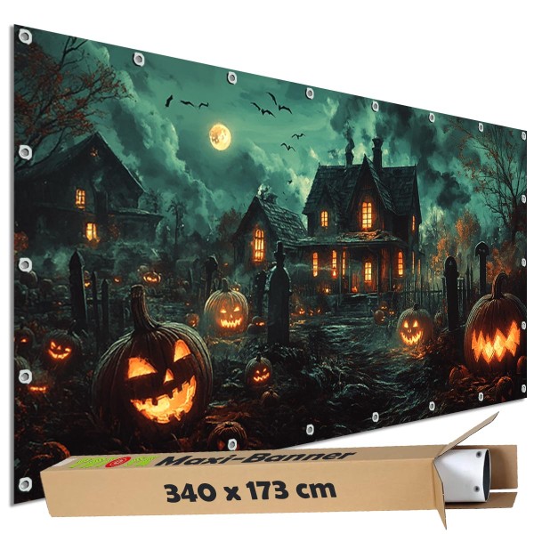 Sichtschutzbanner Halloween "Haus Geisterfarm Vollmond" - 340x173 cm