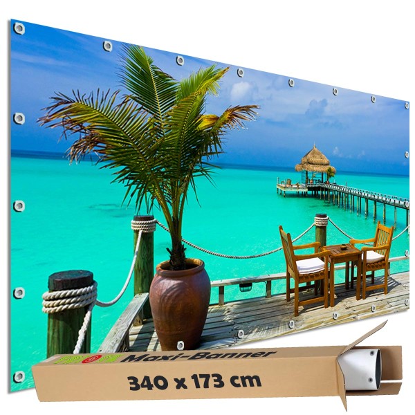 Motivbanner groß "Karibik Beach-Bar Meerblick" Zaunplane Gartenbanner Zaunsichtschutz, 340x173 cm