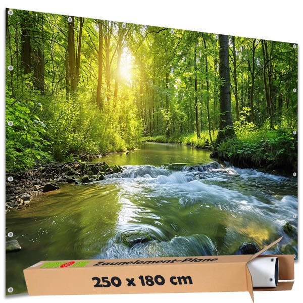 Große Motivplane "Waldfluss Sonnenlicht" Gartenposter Zaun Sichtschutz Zaunbanner, 250x180 cm