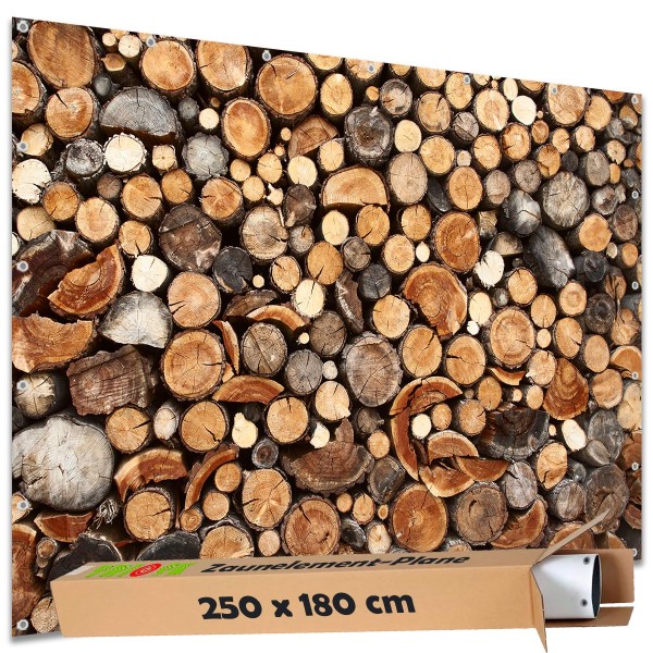 Sichtschutz Garten Zaun Zaunblende Zaunelement Deko Plane Baumstämme Holz Stapel 250x180 cm