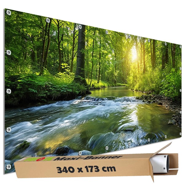 Sichtschutz Garten Zaun Banner Outdoor Deko Motiv Plane Wald Waldbach 340x173 cm groß