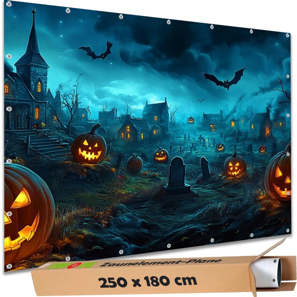 Sichtschutzbanner Halloween "Friedhof Geisterdorf" - 250x180 cm