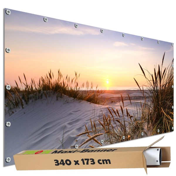 Sichtschutzbanner "Sonnenuntergang am Meer" Outdoor Garten Zaun Deko Motiv Plane, 340x173 cm groß