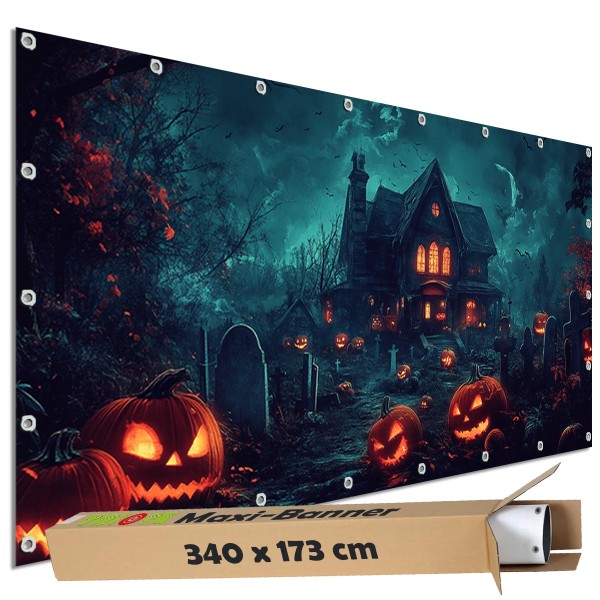 Sichtschutzbanner Halloween "Haus Geistervilla Dämon" - 340x173 cm