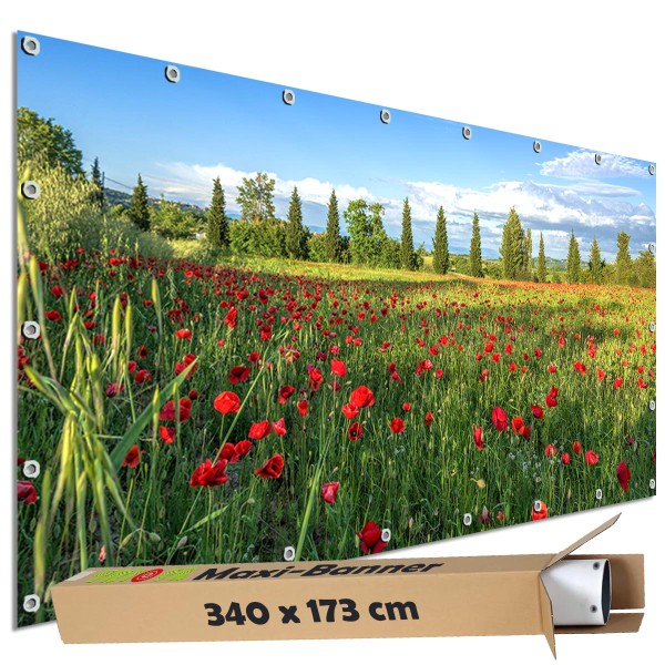 Sichtschutz Garten Zaun Banner Outdoor Deko Motiv Plane Mohnblumenfeld 340x173 cm groß