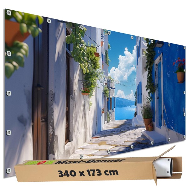 Sichtschutzbanner "Griechenland Weiße Gasse Meer " Outdoor Garten Zaun Deko Motiv Plane, 340x173 cm
