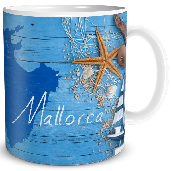 Tasse Spanien Insel Mallorca Geschenk Maritim bedruckt Meer Liebhaber Motiv Keramik Blau 300 ml