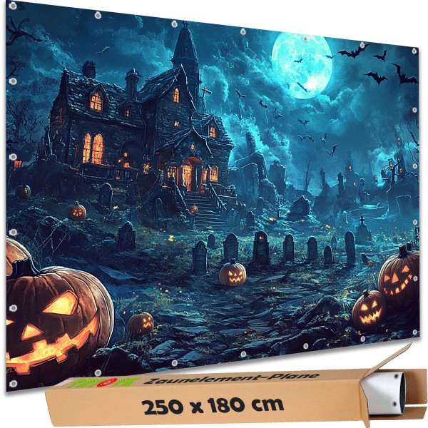 Sichtschutzbanner Halloween "Friedhof Geisterhaus" - 250x180 cm